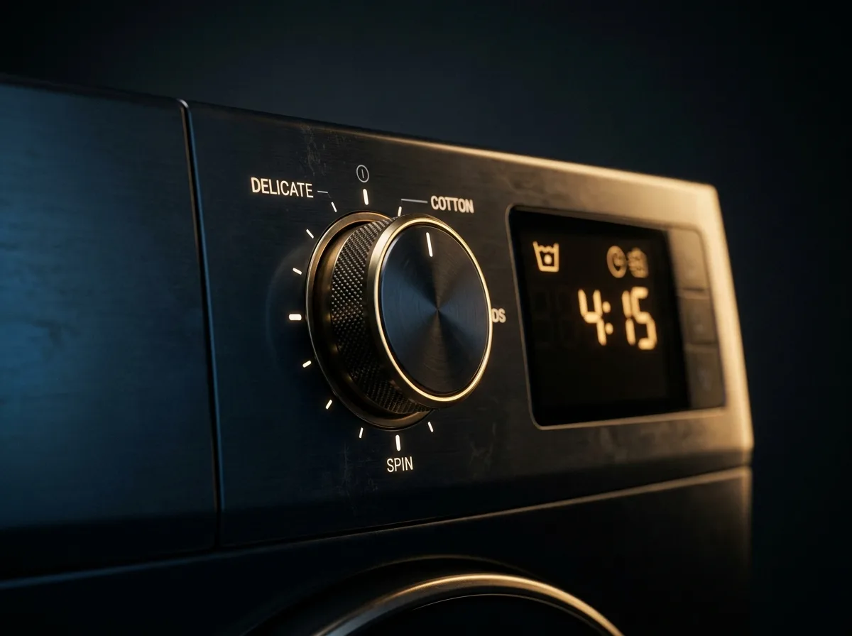 Perilla y pantalla digital de una lavadora Samsung encendida